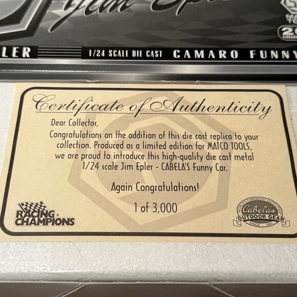 Racing Champions Jim‎ Epler Cabelas 2001 Chevy Camaro NHRA Funny Car Diecast NIB - Picture 2 of 8